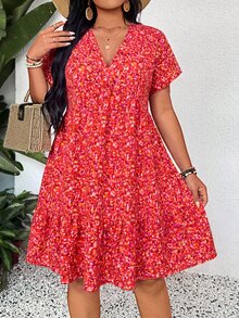 SHEIN LUNE Plus Size Ditsy Floral Short Casual Summer Vacation Dress Beach Vacation Pink - Multicolor - View 4