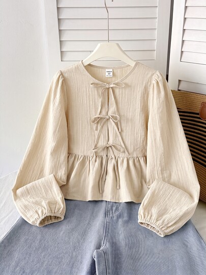 SHEIN Teen Girl Fitted Casual Minimalist Comfortable Apricot Crew Neck Long Sleeve Bow Tie Tie-Up Textured Blouse