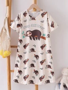 Girls Cute Sheep Pattern Comfortable 2 Pieces Round Neck Short Sleeve Long Nightgown Loungewear - Apricot - View 1