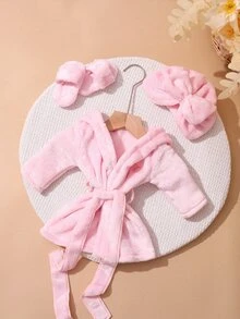SHEIN Set Jubah Mandi Bayi Perempuan Warna Pink Muda untuk Fotografi, Dilengkapi Topi Turban dan Sandal Mini yang Serasi, Perlengkapan Pemotretan Bayi Keluarga yang Lucu untuk Musim Gugur. - Baby Pink - View 3