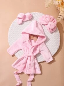 SHEIN Set Jubah Mandi Bayi Perempuan Warna Pink Muda untuk Fotografi, Dilengkapi Topi Turban dan Sandal Mini yang Serasi, Perlengkapan Pemotretan Bayi Keluarga yang Lucu untuk Musim Gugur. - Baby Pink - View 7