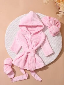 SHEIN Set Jubah Mandi Bayi Perempuan Warna Pink Muda untuk Fotografi, Dilengkapi Topi Turban dan Sandal Mini yang Serasi, Perlengkapan Pemotretan Bayi Keluarga yang Lucu untuk Musim Gugur. - Baby Pink - View 2