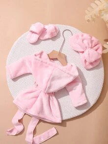 SHEIN Set Jubah Mandi Bayi Perempuan Warna Pink Muda untuk Fotografi, Dilengkapi Topi Turban dan Sandal Mini yang Serasi, Perlengkapan Pemotretan Bayi Keluarga yang Lucu untuk Musim Gugur. - Baby Pink - View 4