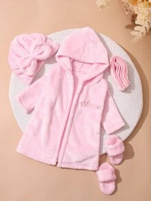 SHEIN Set Jubah Mandi Bayi Perempuan Warna Pink Muda untuk Fotografi, Dilengkapi Topi Turban dan Sandal Mini yang Serasi, Perlengkapan Pemotretan Bayi Keluarga yang Lucu untuk Musim Gugur. - Baby Pink - View 5
