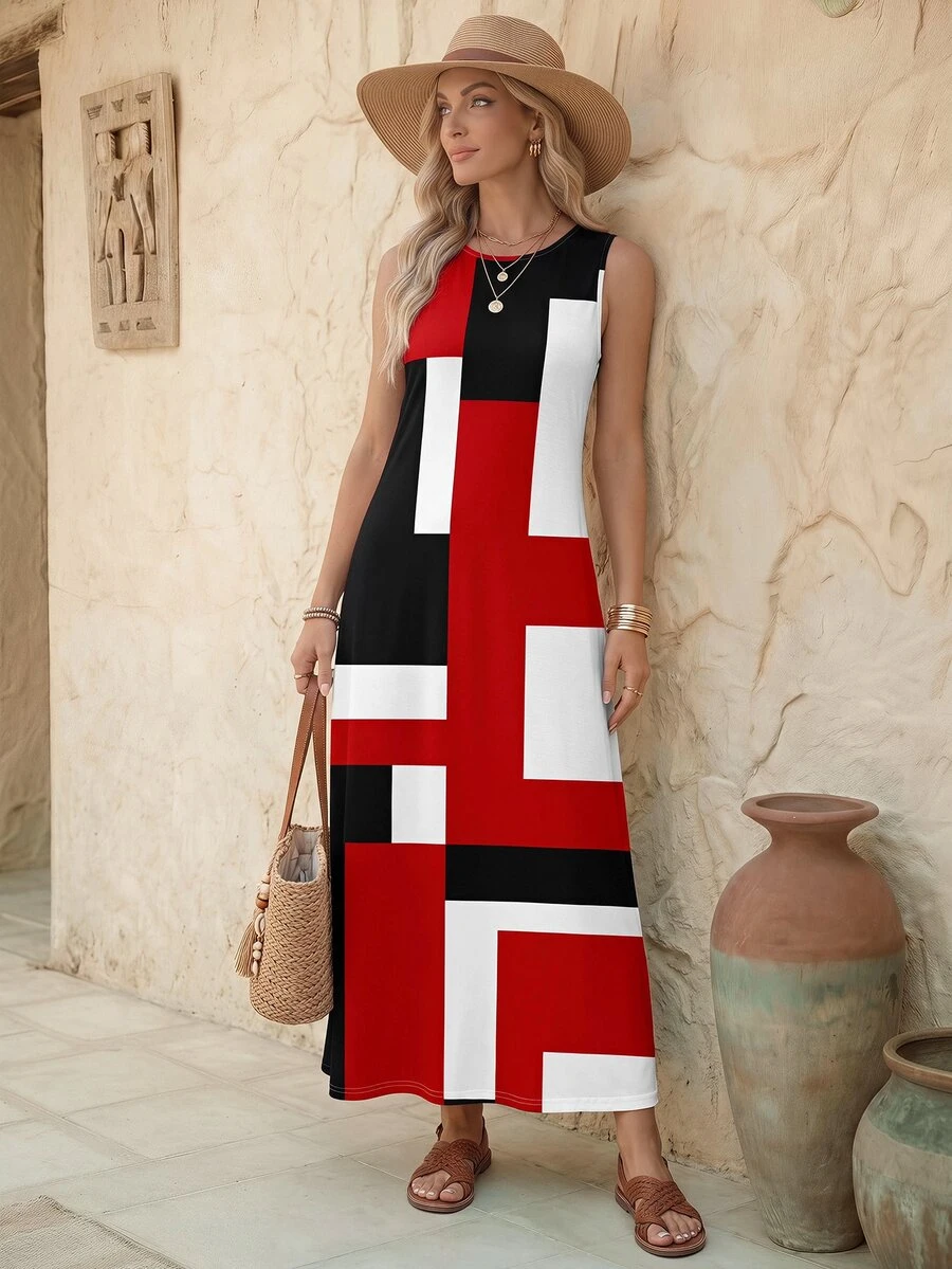 EMERY ROSE Casual Simple Color Block Pattern Dress For Women, Suitable For Summer,Bohemian Clothes Chic Dress,Casual