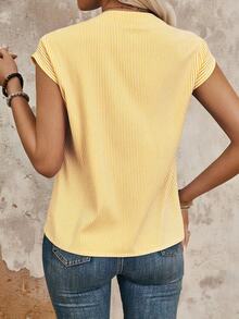 EMERY ROSE Striped Print Notch Collar Casual Versatile Short Sleeve Shirt - Mustard Yellow - View 2