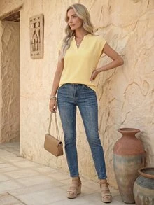 EMERY ROSE Striped Print Notch Collar Casual Versatile Short Sleeve Shirt - Mustard Yellow - View 1