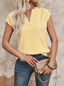 EMERY ROSE Striped Print Notch Collar Casual Versatile Short Sleeve Shirt - Mustard Yellow - View 5