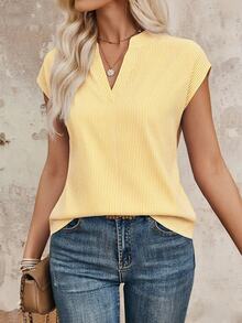 EMERY ROSE Striped Print Notch Collar Casual Versatile Short Sleeve Shirt - Mustard Yellow - View 3