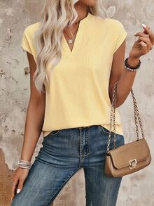 EMERY ROSE Striped Print Notch Collar Casual Versatile Short Sleeve Shirt - Mustard Yellow - View 4