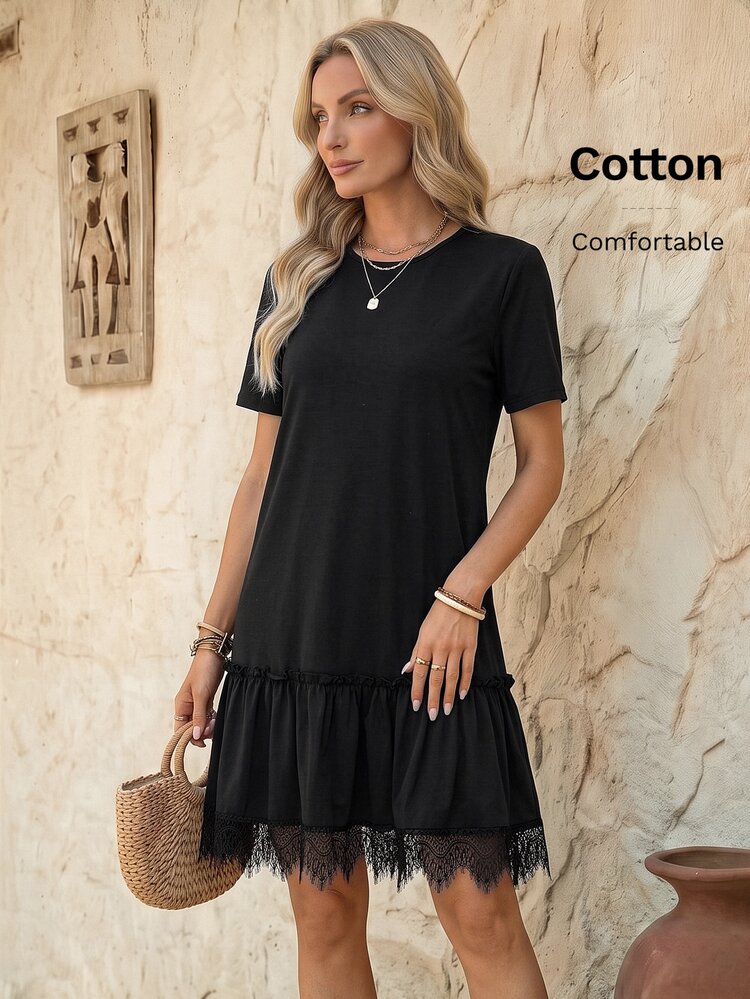 EMERY ROSE Women's Solid Color Round Neck Short Sleeve Ruffle Hem Casual Mini Dress Occasion Black Summer Holiday Dresses For Women Outfits Lace Everyday - Black - View 1