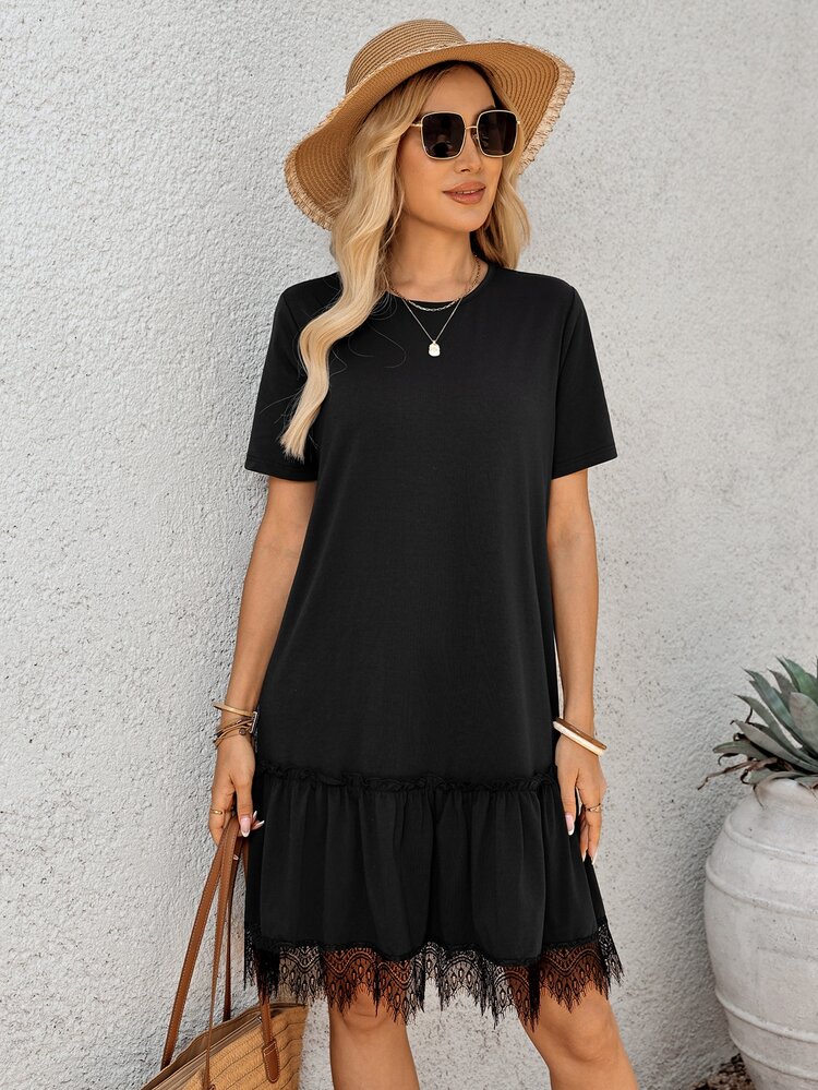 EMERY ROSE Women's Solid Color Round Neck Short Sleeve Ruffle Hem Casual Mini Dress Occasion Black Summer Holiday Dresses For Women Outfits Lace Everyday - Black - View 6