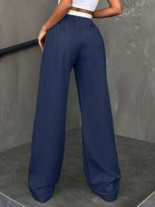 SHEIN Cotton Women CottnLine Drawstring Waist Front Button Pants - Navy Blue - View 2