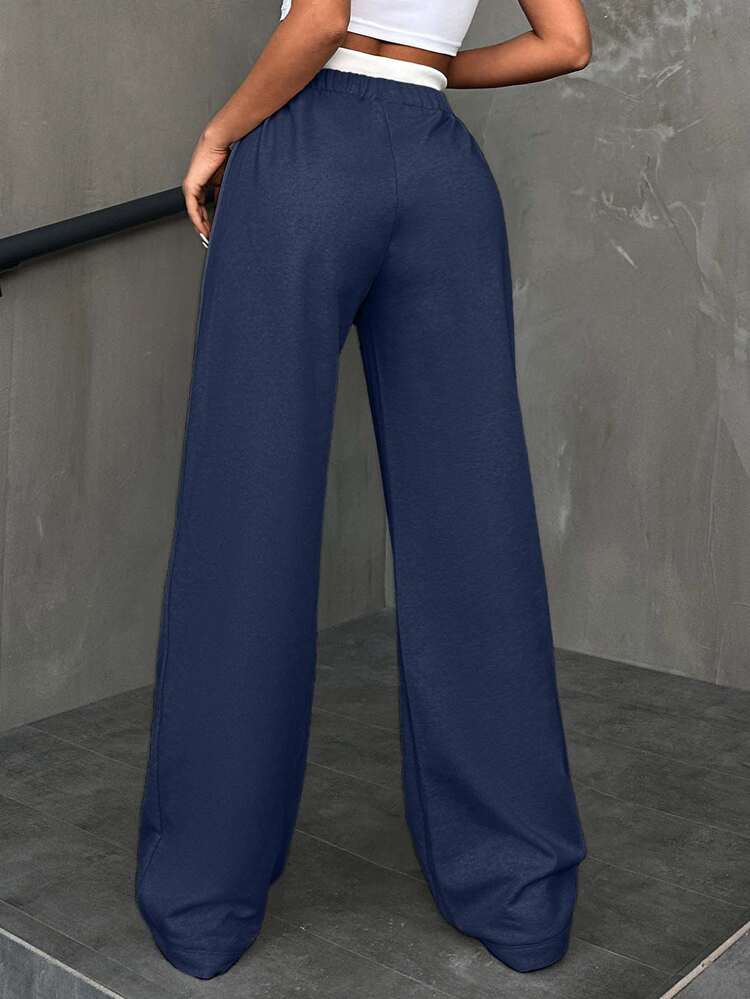 SHEIN Cottnline سراويل قطنية للنساء بخصر سحاب وأزرار أمامية - أزرق بحري - مشاهدة 2
