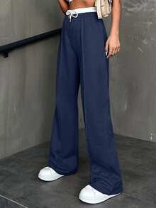SHEIN Cotton Women CottnLine Drawstring Waist Front Button Pants - Navy Blue - View 4