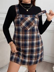Easowa Curve Plus Size Loose Strap Button Pocket Plaid Casual Mini Dress Plus Size Fall Clothes Dresses For Women - Multicolor - View 3