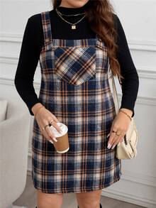 Easowa Curve Plus Size Loose Strap Button Pocket Plaid Casual Mini Dress Plus Size Fall Clothes Dresses For Women - Multicolor - View 5