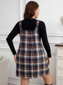 Easowa Curve Plus Size Loose Strap Button Pocket Plaid Casual Mini Dress Plus Size Fall Clothes Dresses For Women - Multicolor - View 2