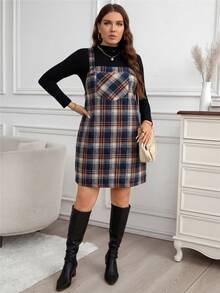 Easowa Curve Plus Size Loose Strap Button Pocket Plaid Casual Mini Dress Plus Size Fall Clothes Dresses For Women - Multicolor - View 6