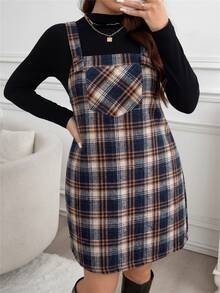 Easowa Curve Plus Size Loose Strap Button Pocket Plaid Casual Mini Dress Plus Size Fall Clothes Dresses For Women - Multicolor - View 1