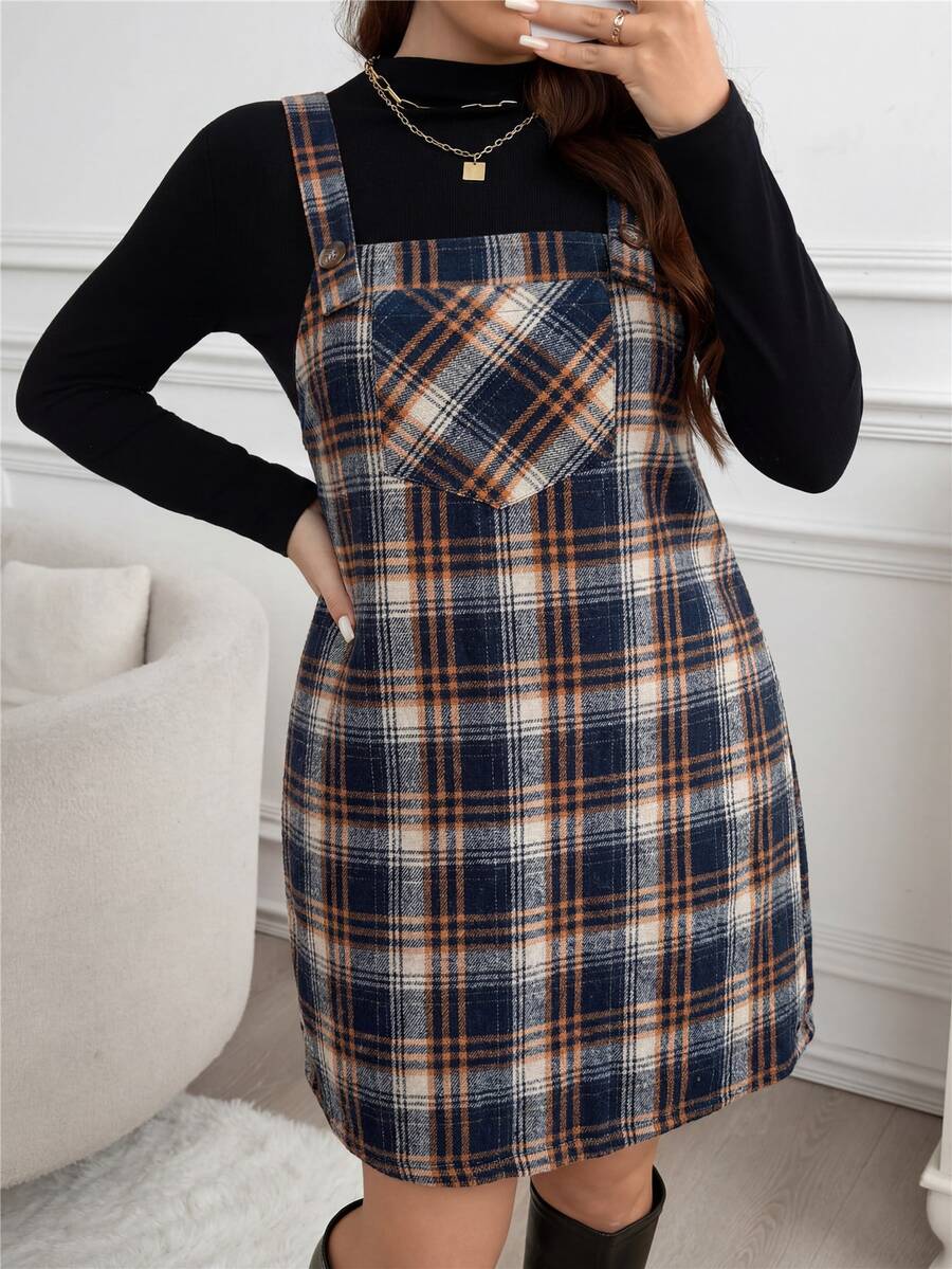 Easowa Curve Plus Size Loose Strap Button Pocket Plaid Casual Mini Dress Plus Size Fall Clothes Dresses For Women - Multicolor - View 1