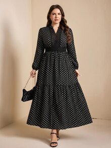 Comfylo Plus Polka Dot Print Guipure Lace Insert Lantern Sleeve Dress - Black and White - View 7