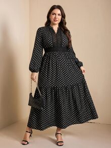 Comfylo Plus Polka Dot Print Guipure Lace Insert Lantern Sleeve Dress - Black and White - View 5