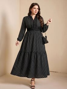 Comfylo Plus Polka Dot Print Guipure Lace Insert Lantern Sleeve Dress - Black and White - View 6