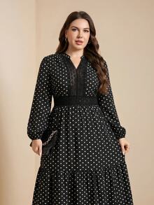 Comfylo Plus Polka Dot Print Guipure Lace Insert Lantern Sleeve Dress - Black and White - View 1