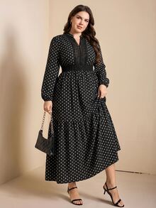 Comfylo Plus Polka Dot Print Guipure Lace Insert Lantern Sleeve Dress - Black and White - View 3
