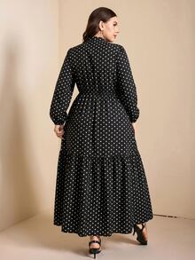 Comfylo Plus Polka Dot Print Guipure Lace Insert Lantern Sleeve Dress - Black and White - View 2