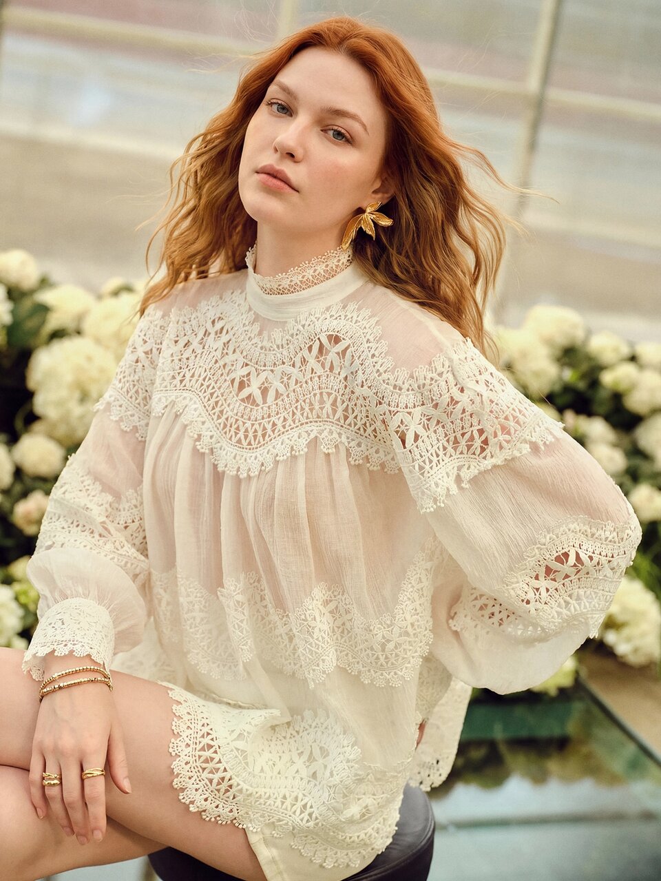 MOTF PLUS SIZE WOMEN'S SPRING AUTUMN STAND COLLAR LONG SLEEVE LACE PATCHWORK ROMANTIC DATE TOP FALL