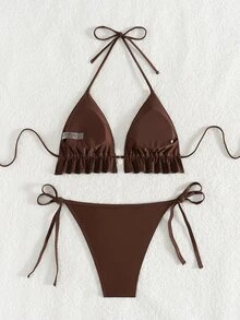 Swim Lushoire 2 piezas/Set Bikini sexy de verano para mujer, unicolor, con volantes en el bajo y lazo halter, para playa, fiesta y vacaciones, marrón - Marrón - Ver 2
