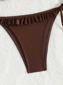 Swim Lushoire 2 piezas/Set Bikini sexy de verano para mujer, unicolor, con volantes en el bajo y lazo halter, para playa, fiesta y vacaciones, marrón - Marrón - Ver 6
