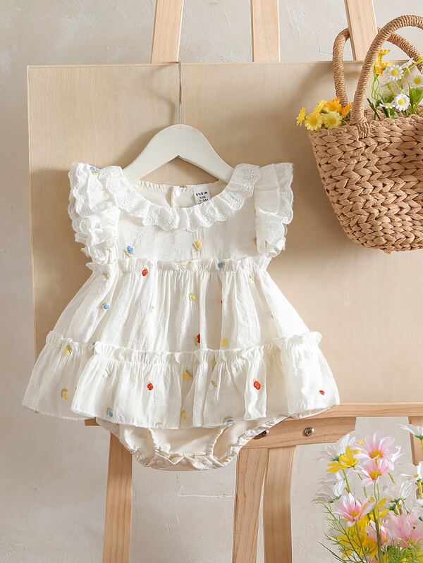 SHEIN Vintaside Kids 女婴可爱荷叶边领连体衣，夏季轻薄连体衣