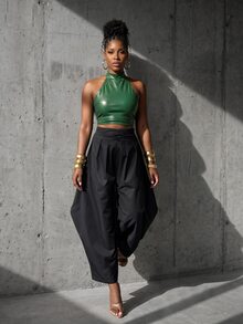 BamGlimmer New Design Oversized Black High-Waisted Tulip Wide-Leg Pants, Fashionable Passionate Vacation Hip-Hop Casual Style, Suitable For Travel, Vacation, Daily Outings, Back To School, Party Gatherings, Wearing - Black - View 5