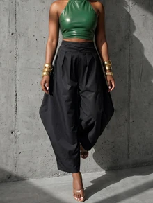 BamGlimmer New Design Oversized Black High-Waisted Tulip Wide-Leg Pants, Fashionable Passionate Vacation Hip-Hop Casual Style, Suitable For Travel, Vacation, Daily Outings, Back To School, Party Gatherings, Wearing - Black - View 3
