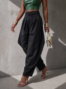BamGlimmer New Design Oversized Black High-Waisted Tulip Wide-Leg Pants, Fashionable Passionate Vacation Hip-Hop Casual Style, Suitable For Travel, Vacation, Daily Outings, Back To School, Party Gatherings, Wearing - Black - View 2