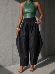 BamGlimmer New Design Oversized Black High-Waisted Tulip Wide-Leg Pants, Fashionable Passionate Vacation Hip-Hop Casual Style, Suitable For Travel, Vacation, Daily Outings, Back To School, Party Gatherings, Wearing - Black - View 1