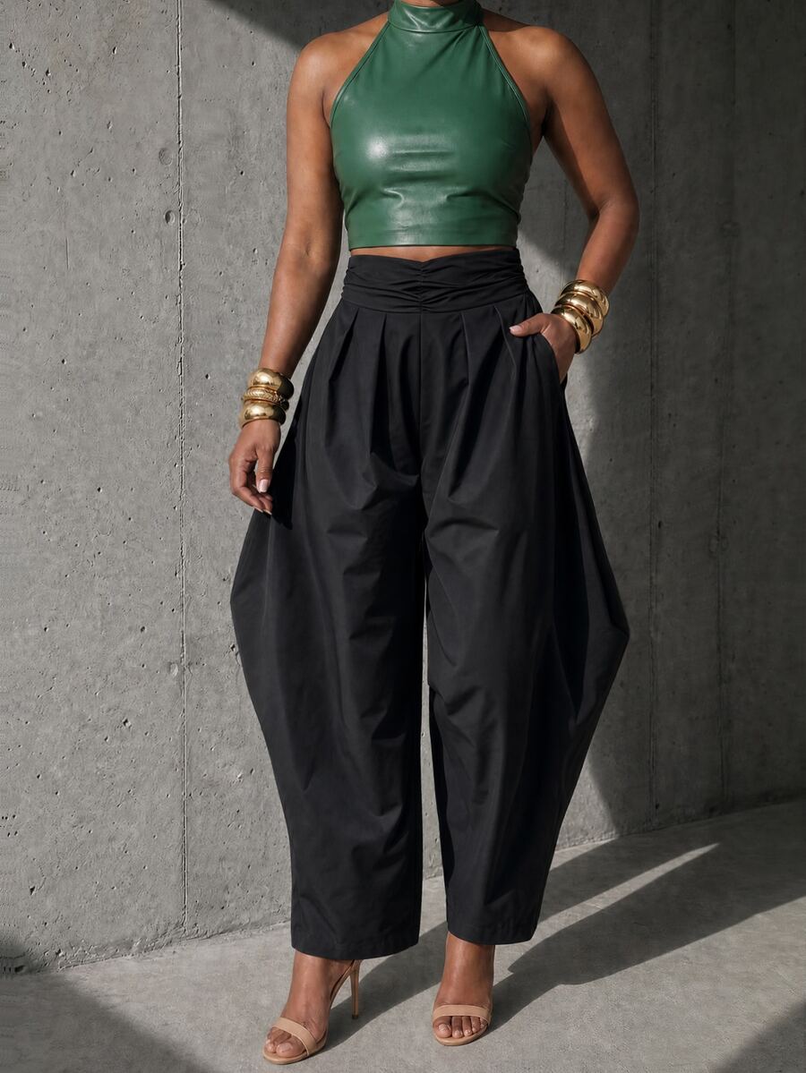 BamGlimmer New Design Oversized Black High-Waisted Tulip Wide-Leg Pants, Fashionable Passionate Vacation Hip-Hop Casual Style, Suitable For Travel, Vacation, Daily Outings, Back To School, Party Gatherings, Wearing - Black - View 1