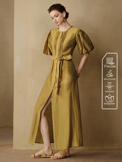 Arave Dress A-Line Waist-Fitted Puff Sleeve Pleated Chest Button Up With Belt Elegant Vintage Lady Mustard Yellow Solid Women's Dress Elegant Long Dress