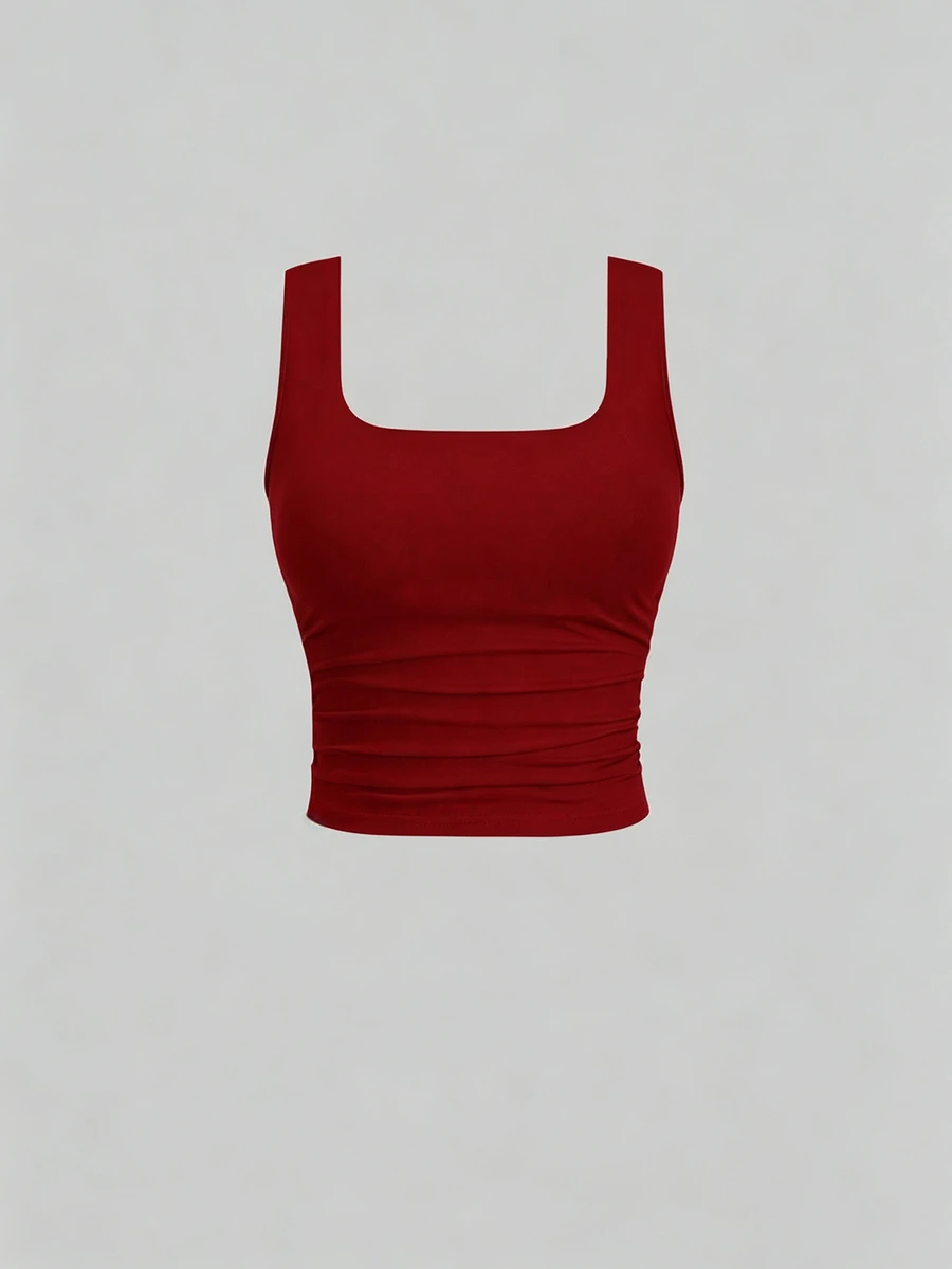 Sweetra Women Plain Square Neck Casual Fitted Tank Top - Burgundy - View 1