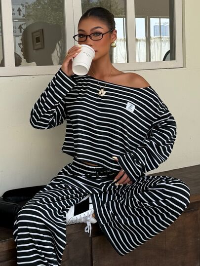 Muchica Women's Autumn New Knit Striped Casual Loose Asymmetrical Shoulder Long Sleeve T-Shirt And Pants Set Or Going Out, Streetwear, Y2K