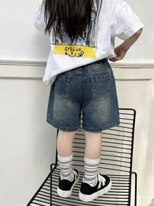 SHEIN 女童牛仔短褲 夏季韓系百搭彈性高腰優質棉布日常上學度假熱褲 嬰兒藍 - 深色水洗藍 - 查看 2