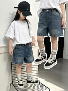 SHEIN 女童牛仔短褲 夏季韓系百搭彈性高腰優質棉布日常上學度假熱褲 嬰兒藍 - 深色水洗藍 - 查看 3