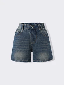 SHEIN 女童牛仔短褲 夏季韓系百搭彈性高腰優質棉布日常上學度假熱褲 嬰兒藍 - 深色水洗藍 - 查看 6