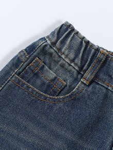 SHEIN 女童牛仔短褲 夏季韓系百搭彈性高腰優質棉布日常上學度假熱褲 嬰兒藍 - 深色水洗藍 - 查看 7