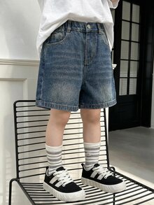 SHEIN 女童牛仔短褲 夏季韓系百搭彈性高腰優質棉布日常上學度假熱褲 嬰兒藍 - 深色水洗藍 - 查看 4