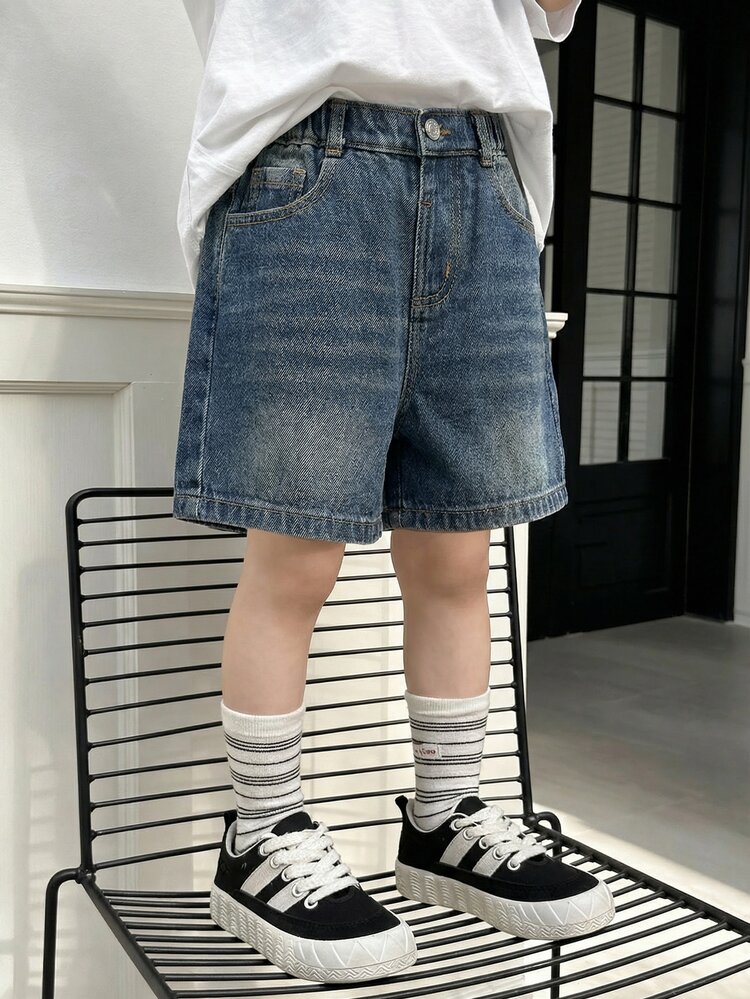 SHEIN 女童牛仔短褲 夏季韓系百搭彈性高腰優質棉布日常上學度假熱褲 嬰兒藍 - 深色水洗藍 - 查看 4
