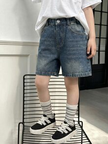 SHEIN 女童牛仔短褲 夏季韓系百搭彈性高腰優質棉布日常上學度假熱褲 嬰兒藍 - 深色水洗藍 - 查看 5